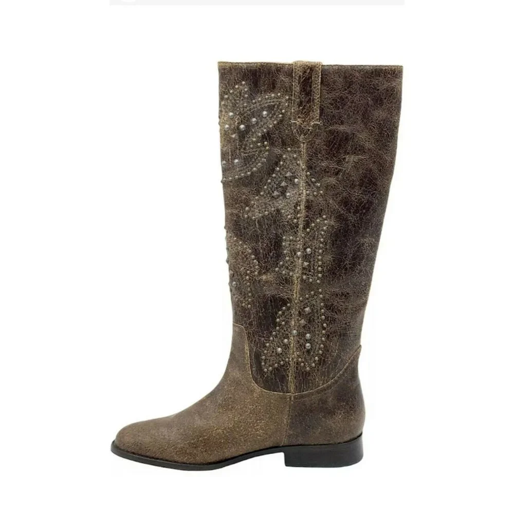Frye Distressed Leather Pull-on Tall Shaft Studded Boots Cowboy